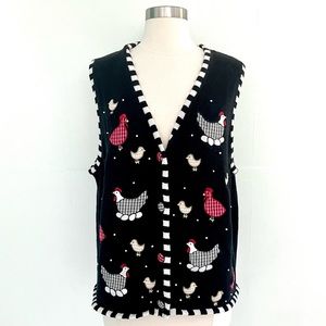 Vintage 80’s embroidered chickens black sweater vest cardigan